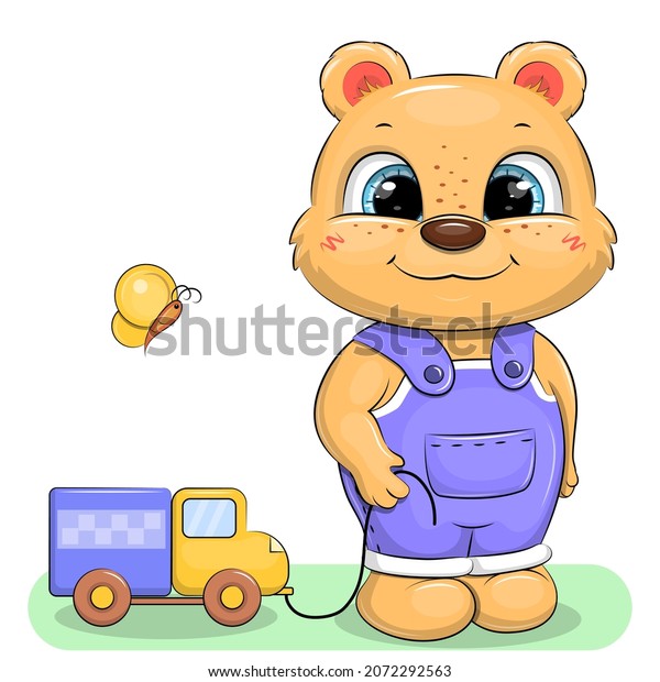 Cute cartoon bear with a toy truck.\
Vector illustration of an animal on isolated on\
white.