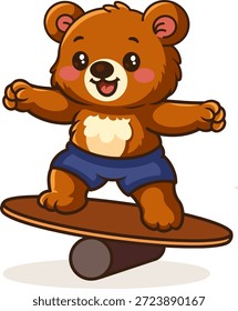 Cute oso de dibujos animados de entrenamiento de equilibrio en el tablero de equilibrio. Divertido animal haciendo ejercicio físico.