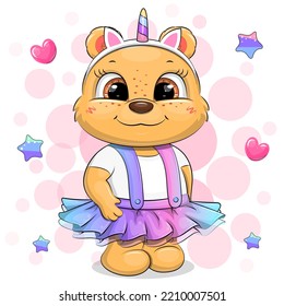 Cute Cartoon Bear With Unicorn Headband And Skirt. Vector Illustration On A Pink Background With Stars And Hearts.