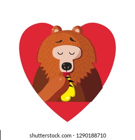 Cute cartoon bear vector illustration character eating honey inside of red heart isolated on white background. In love. Valentines day festive postcard template, clip art, icon, logo.