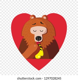 Cute cartoon bear vector illustration character eating honey inside of red heart isolated on transparent background. In love. Valentines day festive postcard template, clip art, icon, logo.
