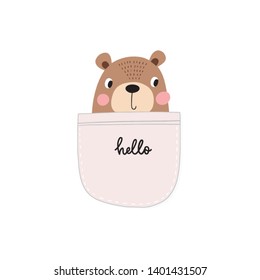 Cute cartoon bear vector illustration. Hand drawn vector illustration for posters, cards, t-shirts. Cute animal in the pocket.