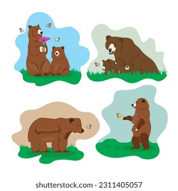 Cute cartoon bear vector illustration set. Wild animal in nature.
