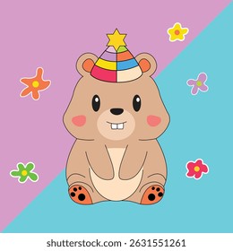 Cute Cartoon Bear Vector Illustration – Joyful Bear Sticker with Party Hat