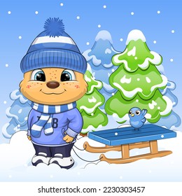 A cute cartoon bear in a warm hat and scarf is holding a sled rope. Winter vector illustration with an animal in nature on a blue background with snow.