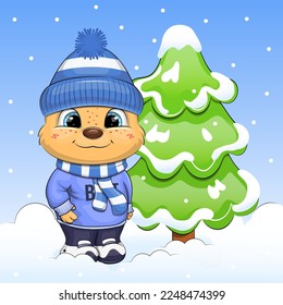 A cute cartoon bear in a warm hat and scarf stands next to the fir tree. Winter vector illustration with animal and tree on a blue background with snow.