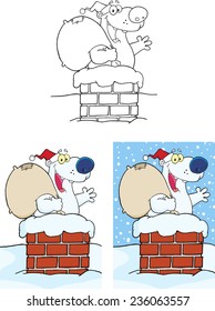 Cute Cartoon Bear Waving From Chimney. Vector Collection Set