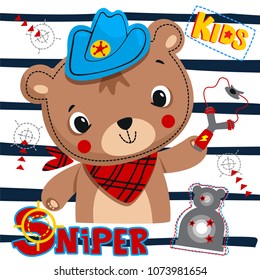 Cute cartoon bear wearing blue cowboy hat and red scarf holding slingshot on navy blue and white striped background illustration vector.