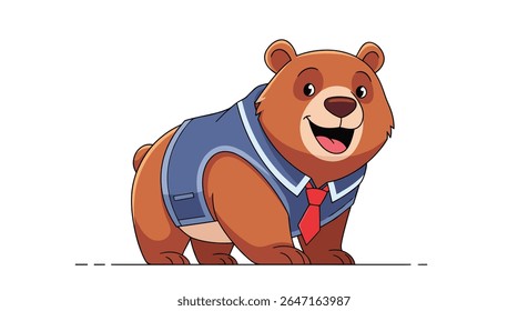 Cute cartoon bear wearing a blue suit and red tie walking happily
