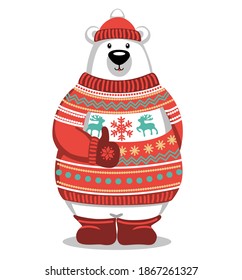 Cute cartoon Bear wearing colorful winter sweater and showing like. Vector illustration drawing in flat style.