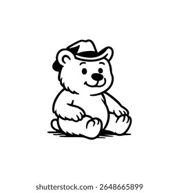 Cute cartoon bear wearing a cowboy hat, sitting