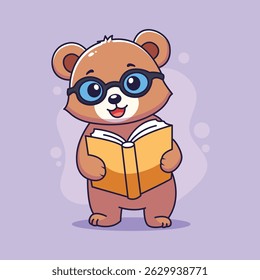 cute cartoon bear wearing glasses reading a book. vector illustration