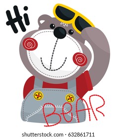Cute cartoon bear wearing overalls and holding yellow sunglasses isolated on white background illustration vector.