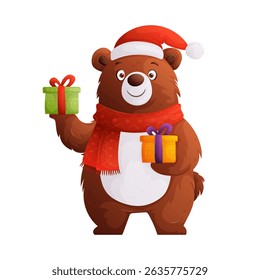 A cute cartoon bear wearing a Santa hat and scarf, holding Christmas presents. Ideal for holiday cards and festive designs, bringing joy and happiness.