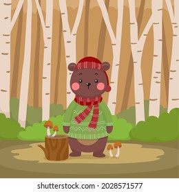 cute cartoon bear wearing sweater in the forest illustration
