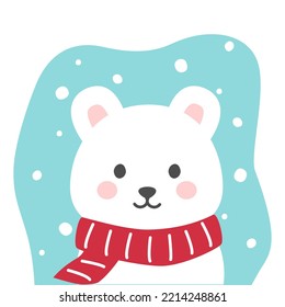 Cute cartoon Bear. Winter character in scarf. Bear in flat cartoon style. Cute winter theme card with christmas Bear. Seasonal vector illustration. 