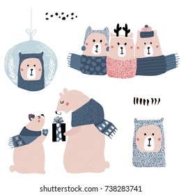 Cute cartoon bear winter collection. Christmas adorable clip art with polar bears in hats and scarves isolated. Vector Illustration