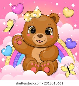 A cute cartoon bear with a yellow hair bow sits on a cloud. Vector illustration of an animal in a pink sky with a rainbow, butterflies, hearts and clouds. svg
