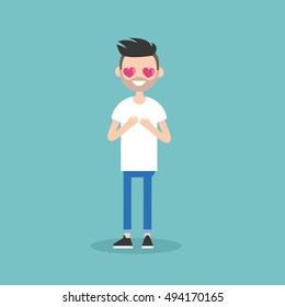 Cute cartoon bearded boy with heart-shaped eyes falling in love / Editable flat vector illustration