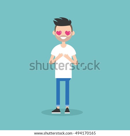 Cute cartoon bearded boy with heart-shaped eyes falling in love / Editable flat vector illustration