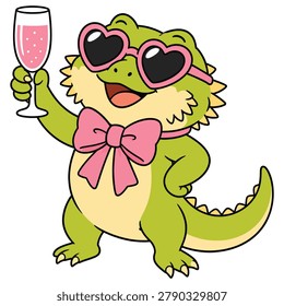 Cute cartoon bearded dragon lizard wearing heartshaped sunglasses and a pink bow tie holding a glass of pink champagne