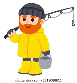 Cute cartoon bearded fisherman in yellow coat and boots. Vector clip art illustration.