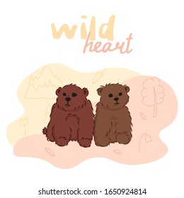 cute cartoon bears with forest flora doodle elements, wild animals and nature, editable vector illustration for kids book decoration, print, stickers, card