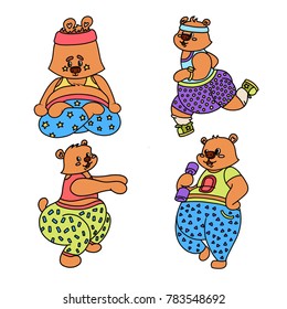 Cute cartoon bears home fitness exercising. Vector illustration of sit-ups, yoga, running and training
