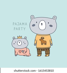 Cute cartoon bears isolated on mint background. Sister and brother in pajama. Childish vector animal character illustration. Ideal for cards, poster, decoration, textile, print, calendar