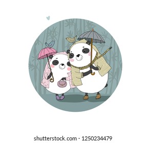 Cute cartoon bears. japanese theme. Vector illustration. Little pandas