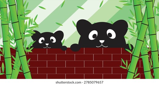 Cute Cartoon Bears Peeking Over Brick Wall With Bamboo Background And Green Leaves