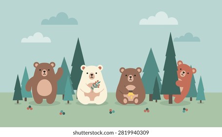 Cute cartoon bears play in a green pine forest featuring different actions like waving holding flowers eating honey and hiding behind trees.