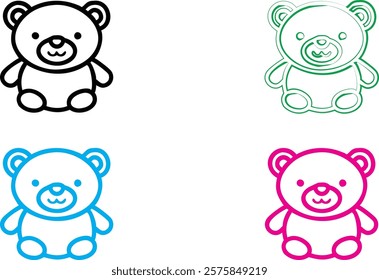 Cute cartoon bears, simple line drawings, kawaii style, black white green blue pink color palette, minimalist design, chibi animals, happy expressions, rounded shapes, vector illustration, sticker art