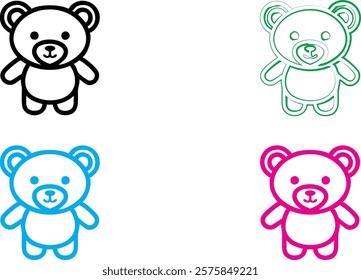 Cute cartoon bears, simple line drawings, kawaii style, black white green blue pink color palette, minimalist design, chibi animals, happy expressions, rounded shapes, vector illustration, sticker art