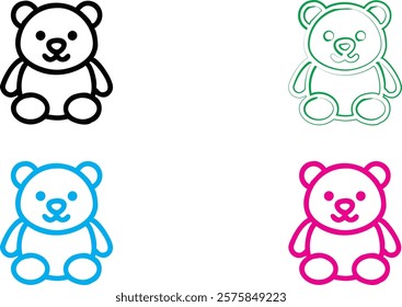 Cute cartoon bears, simple line drawings, kawaii style, black white green blue pink color palette, minimalist design, chibi animals, happy expressions, rounded shapes, vector illustration, sticker art