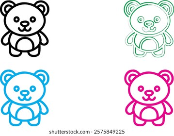 Cute cartoon bears, simple line drawings, kawaii style, black white green blue pink color palette, minimalist design, chibi animals, happy expressions, rounded shapes, vector illustration, sticker art