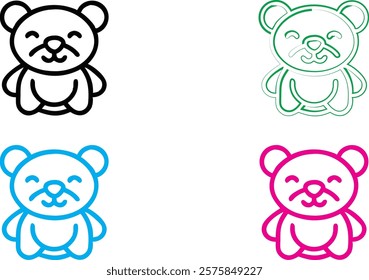 Cute cartoon bears, simple line drawings, kawaii style, black white green blue pink color palette, minimalist design, chibi animals, happy expressions, rounded shapes, vector illustration, sticker art