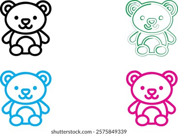 Cute cartoon bears, simple line drawings, kawaii style, black white green blue pink color palette, minimalist design, chibi animals, happy expressions, rounded shapes, vector illustration, sticker art