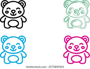 Cute cartoon bears, simple line drawings, kawaii style, black white green blue pink color palette, minimalist design, chibi animals, happy expressions, rounded shapes, vector illustration, sticker art