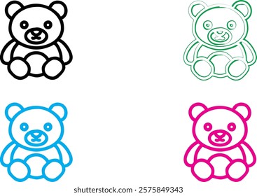 Cute cartoon bears, simple line drawings, kawaii style, black white green blue pink color palette, minimalist design, chibi animals, happy expressions, rounded shapes, vector illustration, sticker art