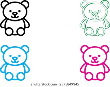 Cute cartoon bears, simple line drawings, kawaii style, black white green blue pink color palette, minimalist design, chibi animals, happy expressions, rounded shapes, vector illustration, sticker art