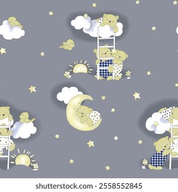 Cute Cartoon Bears Sleeping and Playing in Night Sky, Perfect for Baby Nursery.