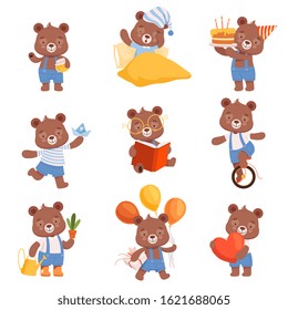 Cute Cartoon Bears Vector Set. Bear Animal Reading Book and Celebrating Birthday