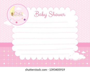 Cute cartoon Beautiful baby girl sleeping on the moon with milk and teddy bear, Baby Shower Invitation Card or Template background