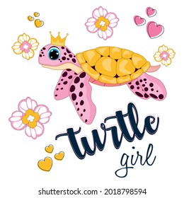Cute Cartoon beautiful baby turtle girl. Perfect for greeting cards, party invitations, posters, stickers, pin, scrapbooking, icons.