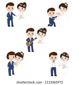 cute cartoon beautiful bride and groom couples in wedding dress holding hands on white  background isolated EPS10 vector illustration