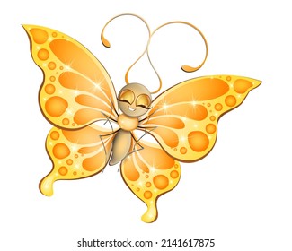 Cute cartoon beautiful butterfly character with orange  shiny wings.
