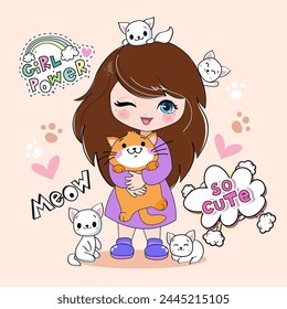 Cute cartoon beautiful girl in anime style with funny cats. Vector illustration chibi girl for children t-shirt print on a pink background. Modern trend