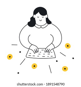 Cute cartoon beautiful Lady and inspiration, creation process. Cute cartoon girl typing on her keyboard, flowers fly off the keys. Flat thin line vector illustration on white.