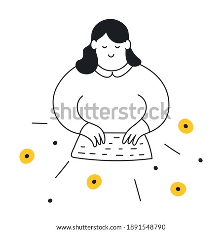 Cute cartoon beautiful Lady and inspiration, creation process. Cute cartoon girl typing on her keyboard, flowers fly off the keys. Flat thin line vector illustration on white.